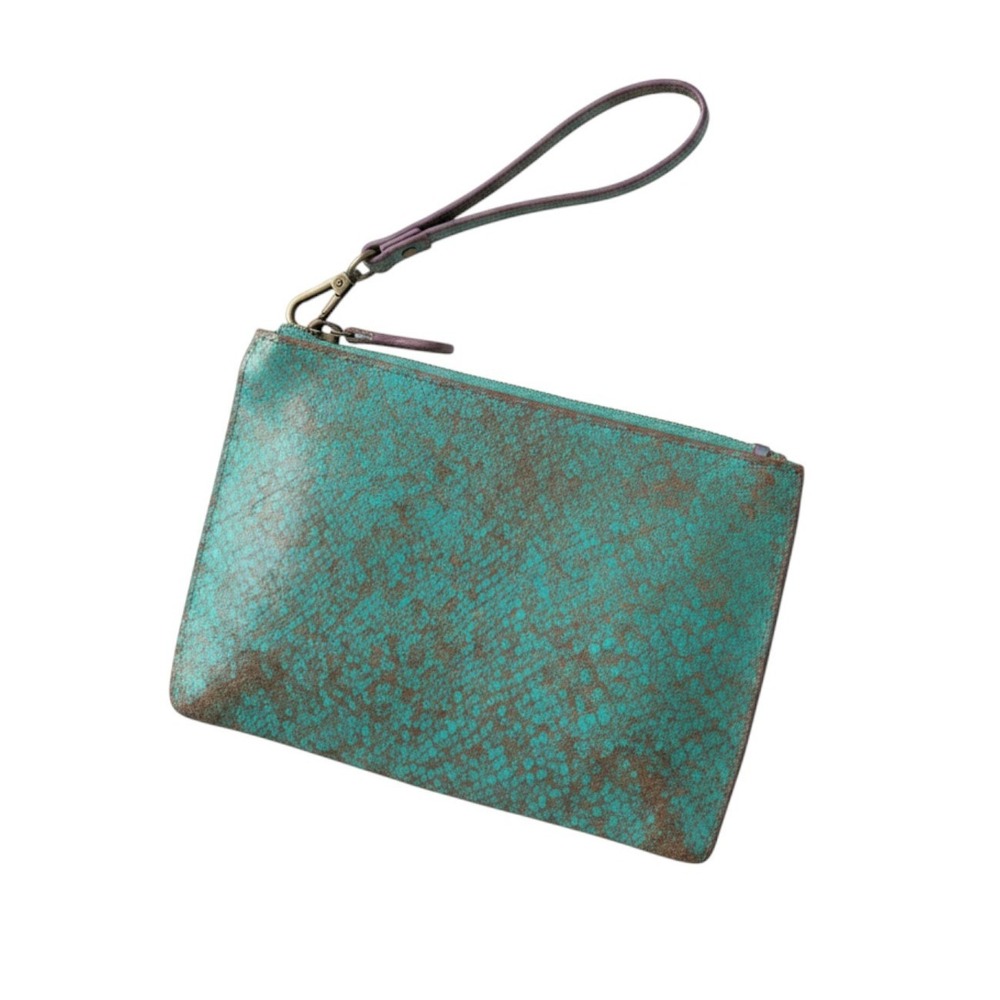L.K. Berlin Teal Green Snakeskin Embossed Wristlet Pouch Clutch Bag